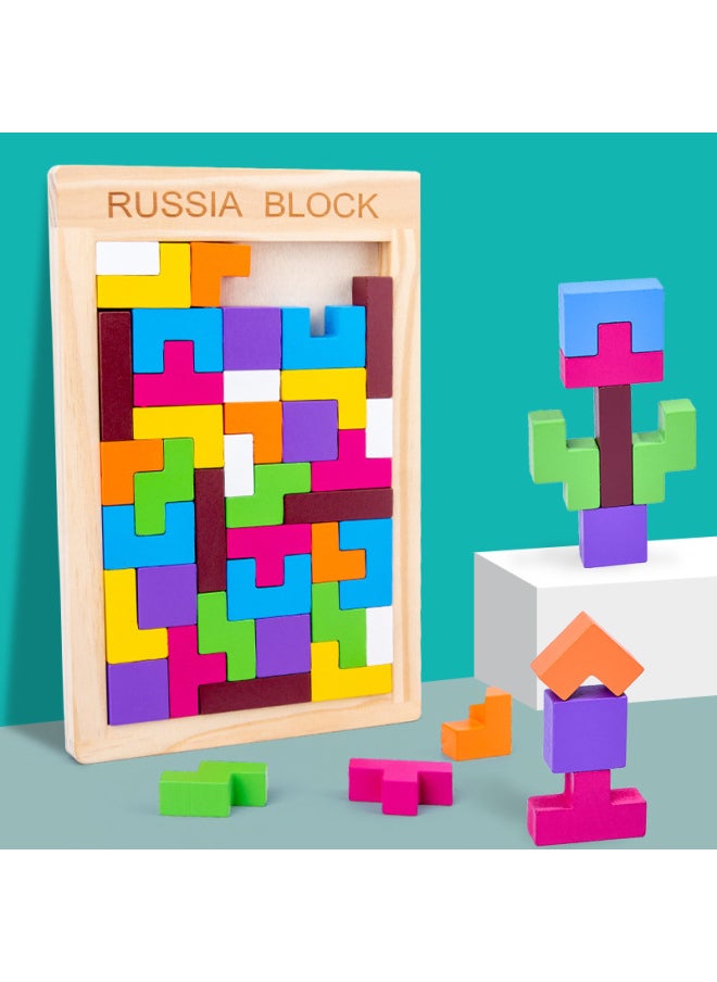 Wooden Colorful Box Tetris Building Blocks Puzzle Children's Educational Toys Geometric Three-dimensional Puzzle Building Blocks Wholesale-Color:Russian Building Blocks