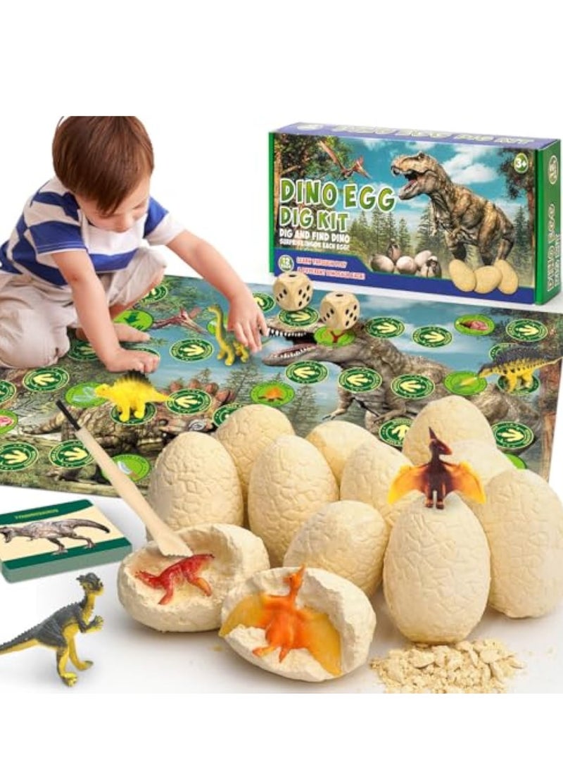 Dinosaur Eggs Dig Kit, Science STEM Toys, 12 Dino Excavation Egg Toys with Playmat, for Kids 5-7, Educational Boy Toy Party Gifts for Boys & Girls Ages