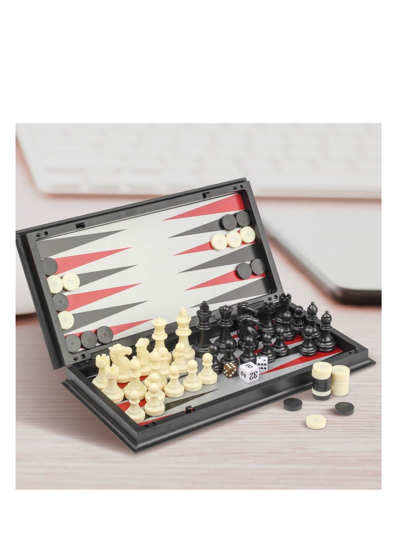 3 in 1 Magnetic Travel Chess Checkers Backgammon Set 12.5