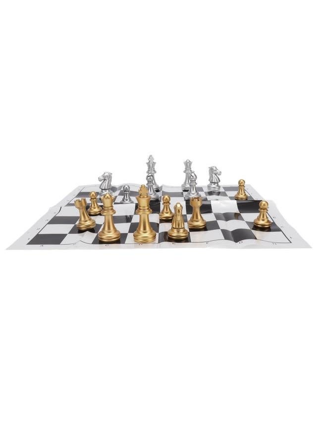 International Chess Set Wearproof Pieces Board with Storage Iron Box for Family Party Travel Gold