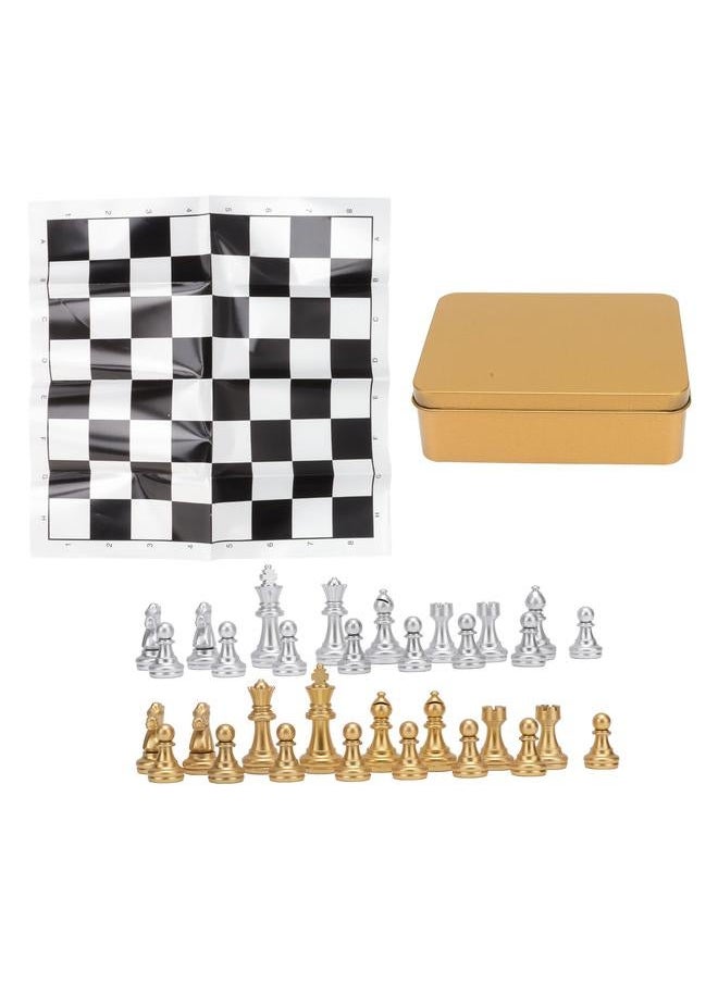 International Chess Set Wearproof Pieces Board with Storage Iron Box for Family Party Travel Gold