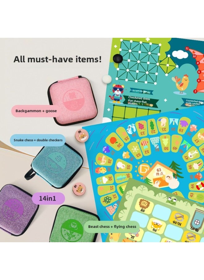 Mini Pocket Chess Gobang Colosseum Chess Flying Chess Goose Chess Snake Chess Double Checkers 14in1 Educational Board Games-Color:Snake Chess + Double Checkers