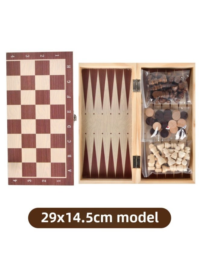 Wooden Chess Backgammon Checkers Three-in-One Portable Folding Wooden Box Suit-Color:29cm
