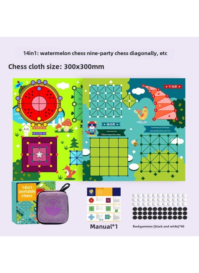 Mini Pocket Chess Gobang Colosseum Chess Flying Chess Goose Chess Snake Chess Double Checkers 14in1 Educational Board Games-Color:14in1