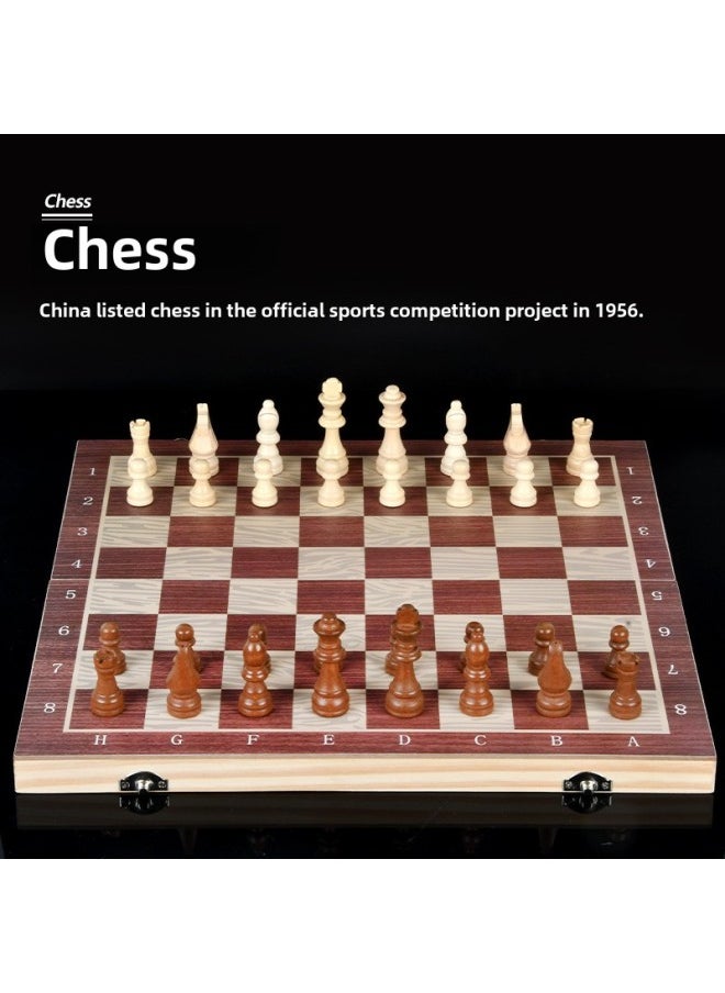 Wooden Chess Backgammon Checkers Three-in-One Portable Folding Wooden Box Suit-Color:24cm