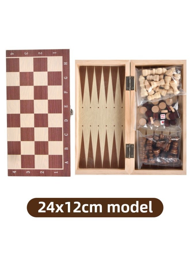 Wooden Chess Backgammon Checkers Three-in-One Portable Folding Wooden Box Suit-Color:24cm