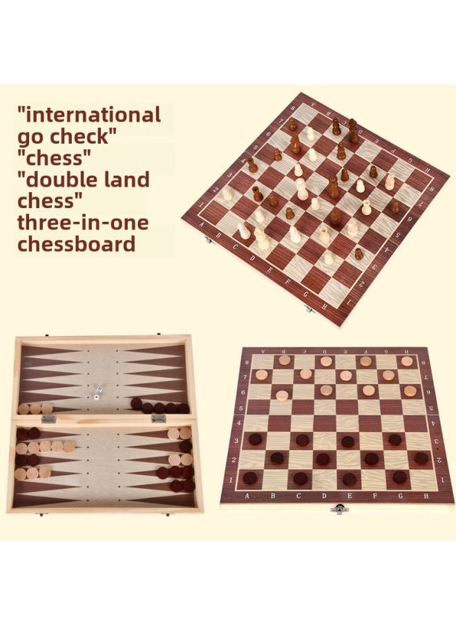 Wooden Chess Backgammon Checkers Three-in-One Portable Folding Wooden Box Suit-Color:24cm