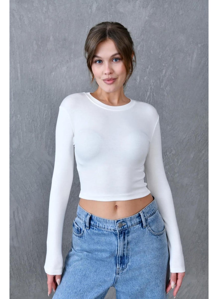Women's Ecru Long Sleeve Crew Neck Basic Blouse