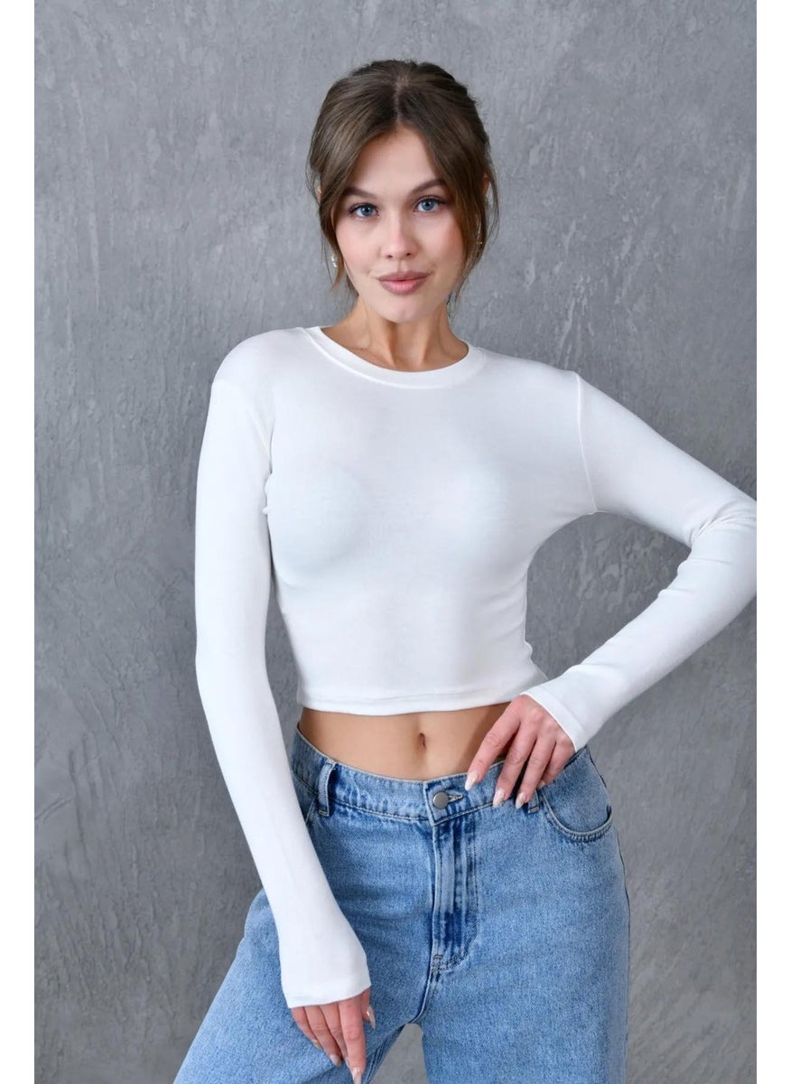Women's Ecru Long Sleeve Crew Neck Basic Blouse
