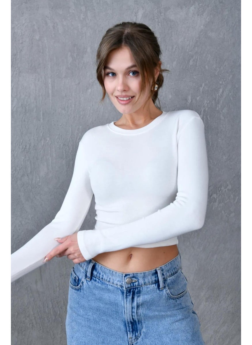 Women's Ecru Long Sleeve Crew Neck Basic Blouse