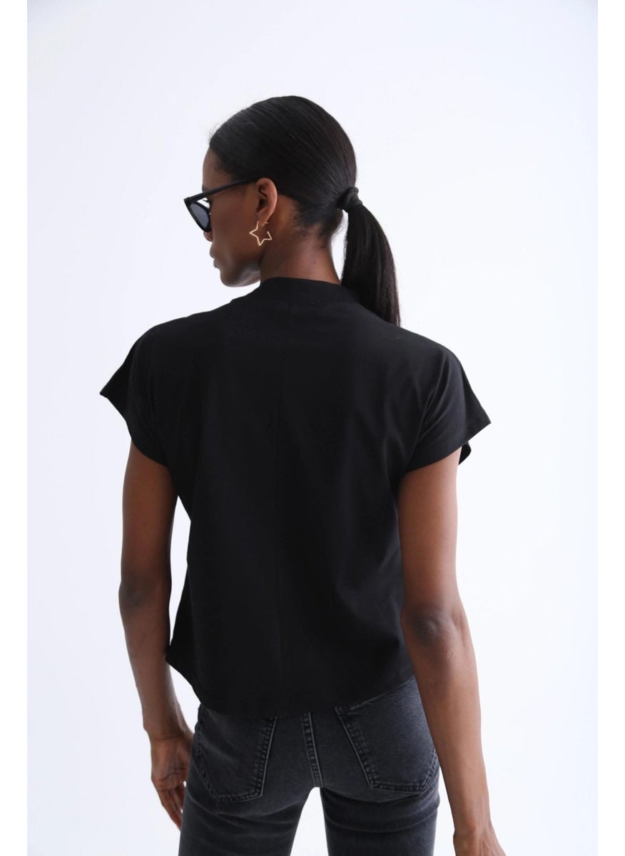 Women's Black Short Sleeve Stand Collar Crop Blouse