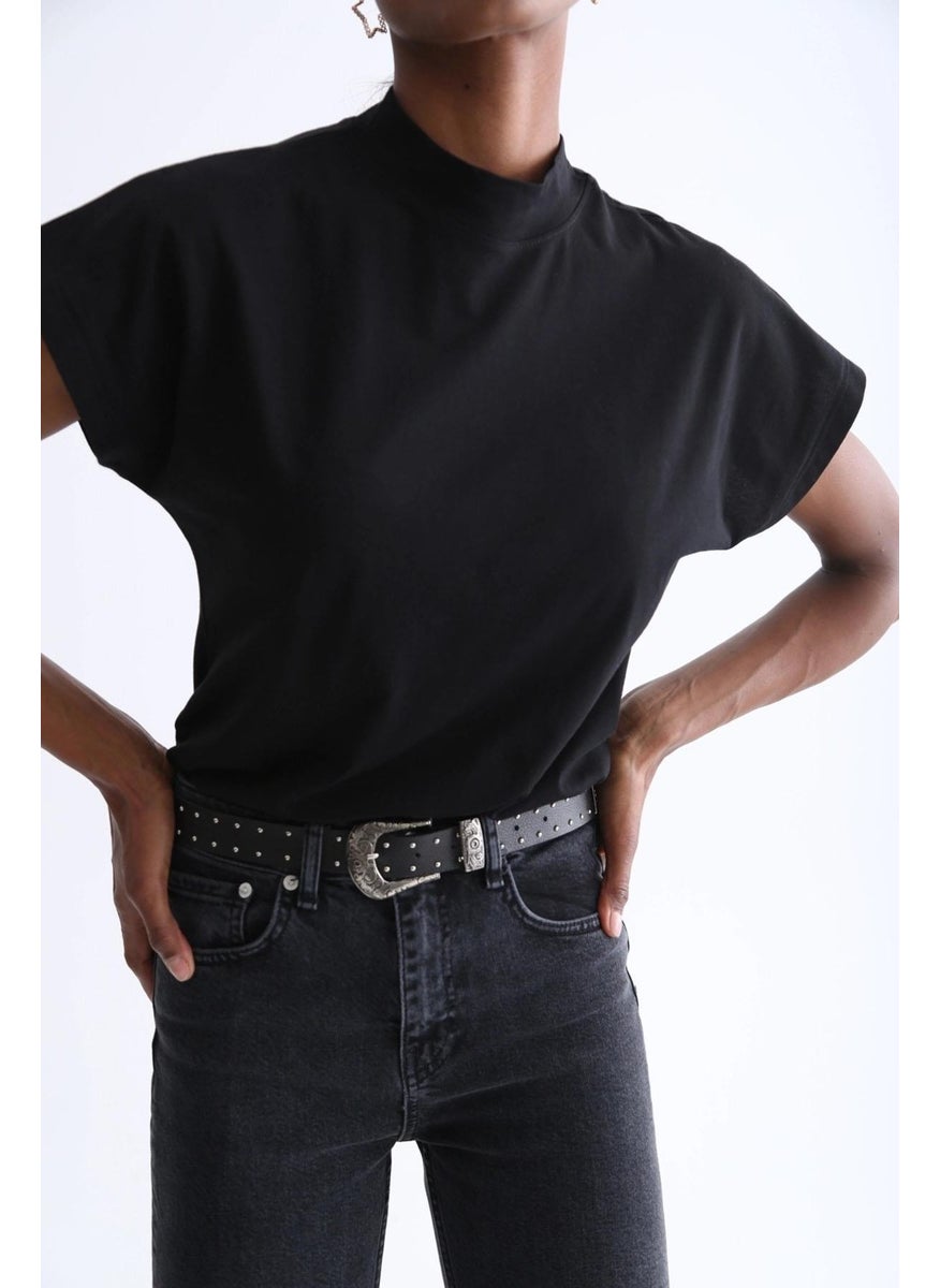 Women's Black Short Sleeve Stand Collar Crop Blouse