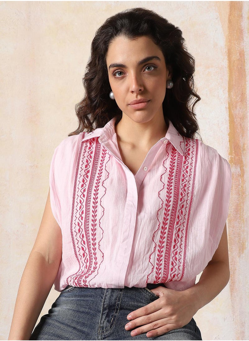 Women Comfort Floral Opaque Embroidered extanded shoulder Casual Shirt