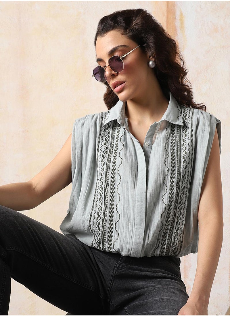 Women Comfort Floral Opaque Embroidered extanded shoulder Casual Shirt
