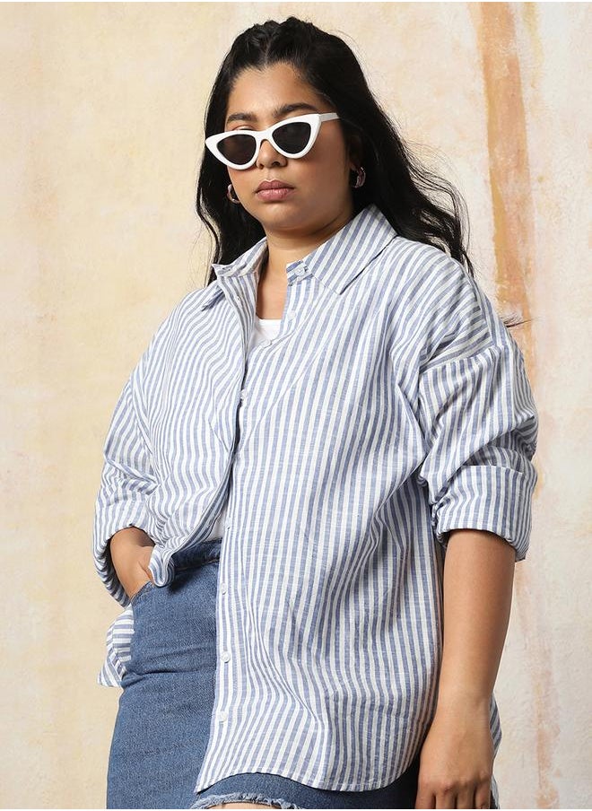 Women Oversized Fit Opaque Casual Cotton Striped Shirt