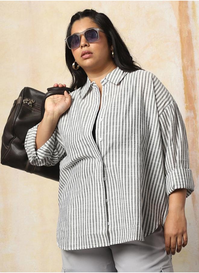 Women Oversized Fit Opaque Casual Cotton Striped Shirt