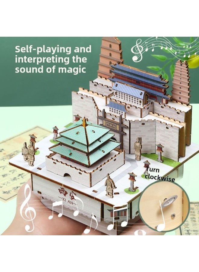 China Ancient Architectural Modern City Children's Three-dimensional Puzzle 5 Music Boxes Handmade DIY Wooden Color Puzzle-Color:Wooden Luxury Magic Capital Shanghai Music Box