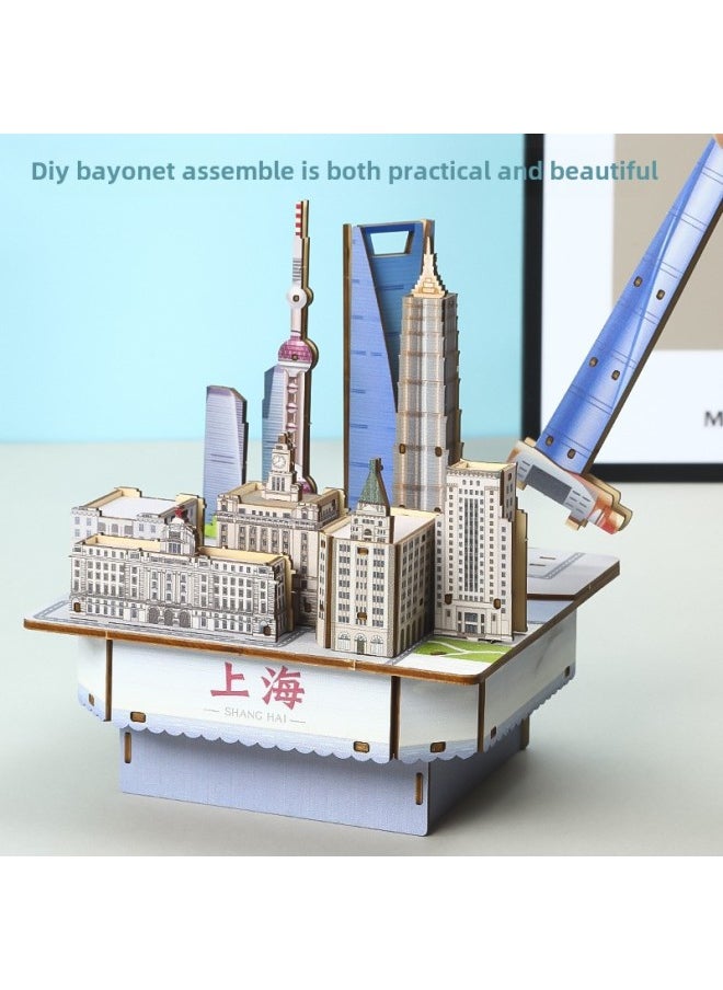 China Ancient Architectural Modern City Children's Three-dimensional Puzzle 5 Music Boxes Handmade DIY Wooden Color Puzzle-Color:Wooden Luxury Magic Capital Shanghai Music Box