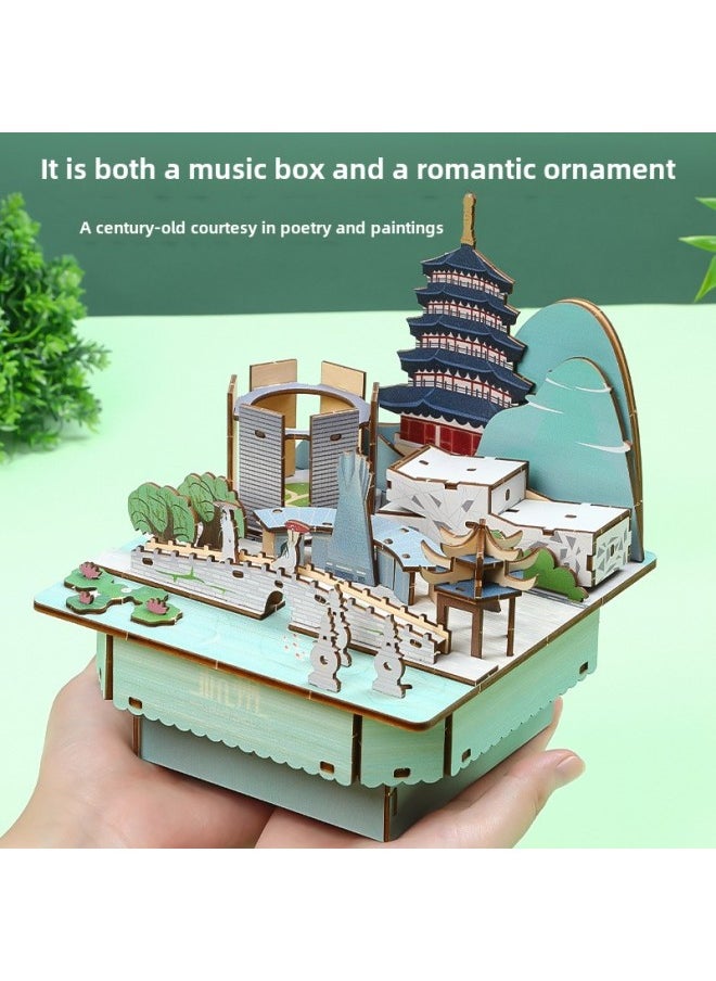 China Ancient Architectural Modern City Children's Three-dimensional Puzzle 5 Music Boxes Handmade DIY Wooden Color Puzzle-Color:Wooden Luxury Magic Capital Shanghai Music Box