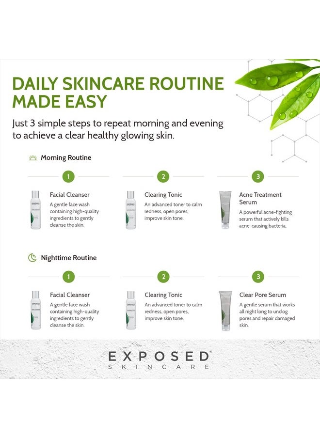 Basic Acne Treatment Kit - Includes Salicylic Acid Face Wash, Clearing Tonic, Acne Treatment Serum with Benzoyl Peroxide, Clear Pore Serum - Acne Set Solution for All Skin Types
