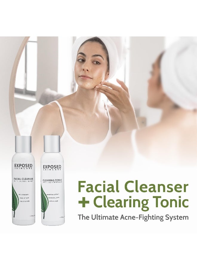 Basic Acne Treatment Kit - Includes Salicylic Acid Face Wash, Clearing Tonic, Acne Treatment Serum with Benzoyl Peroxide, Clear Pore Serum - Acne Set Solution for All Skin Types
