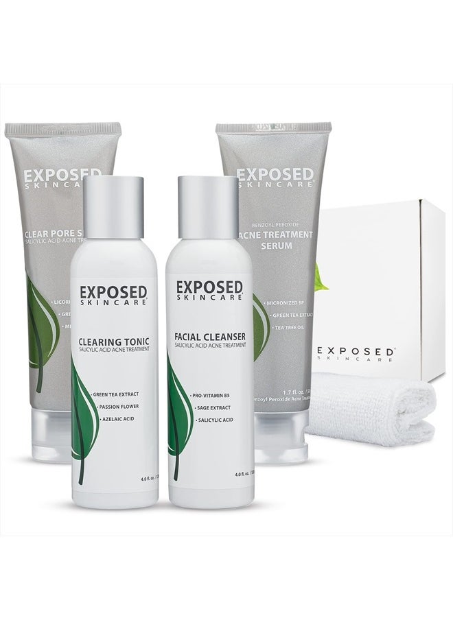 Basic Acne Treatment Kit - Includes Salicylic Acid Face Wash, Clearing Tonic, Acne Treatment Serum with Benzoyl Peroxide, Clear Pore Serum - Acne Set Solution for All Skin Types