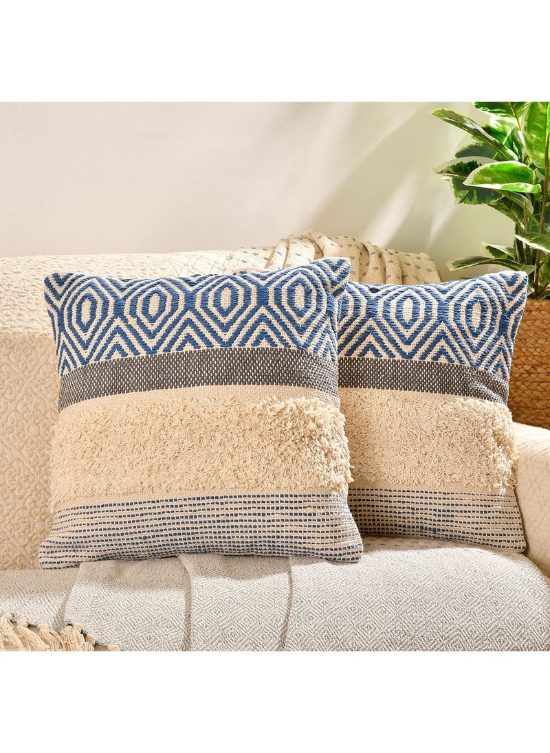 Lyve Chevron Cotton Throw Pillow Boho Decorative Square Cover for Couch Sofa Bedroom Living Room Pack of 1 45x45 cms 18x18 inch Blue