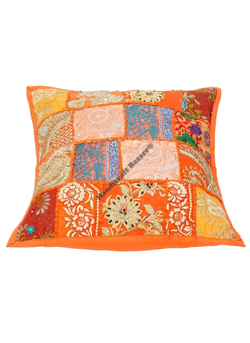 Handicraft Bazarr Square Handmade Pillow Case for Living Room 16x16 Inch Patchwork Sham Sofa Cushion Cover Traditional Embroidery Floor Pillow Cover Set of 2 Orange