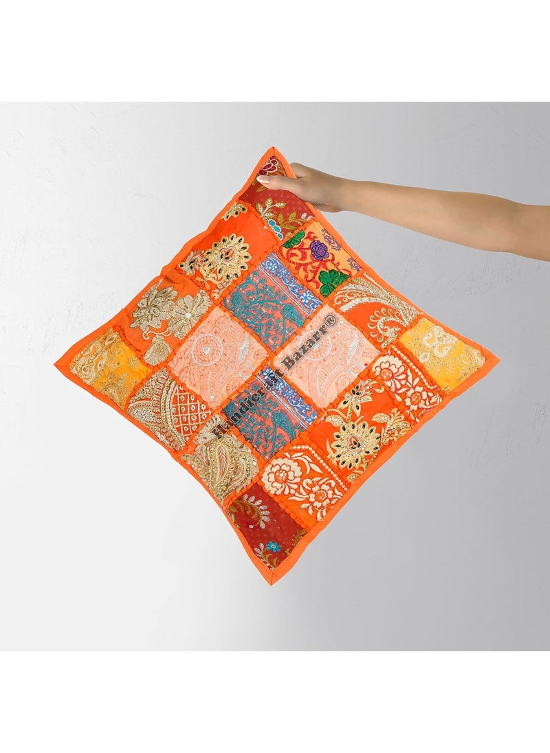 Handicraft Bazarr Square Handmade Pillow Case for Living Room 16x16 Inch Patchwork Sham Sofa Cushion Cover Traditional Embroidery Floor Pillow Cover Set of 2 Orange