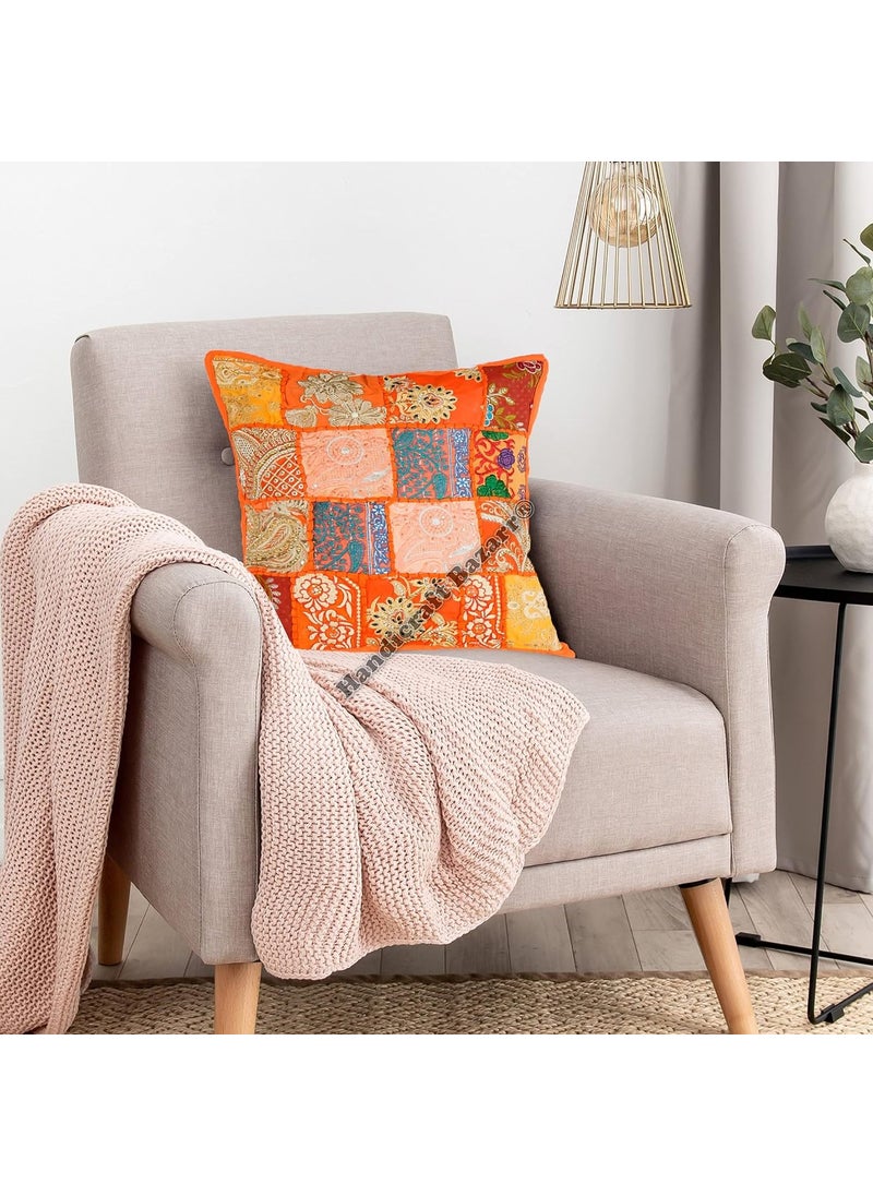 Handicraft Bazarr Square Handmade Pillow Case for Living Room 16x16 Inch Patchwork Sham Sofa Cushion Cover Traditional Embroidery Floor Pillow Cover Set of 2 Orange
