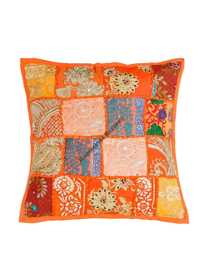 Handicraft Bazarr Square Handmade Pillow Case for Living Room 16x16 Inch Patchwork Sham Sofa Cushion Cover Traditional Embroidery Floor Pillow Cover Set of 2 Orange