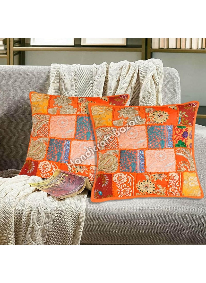 Handicraft Bazarr Square Handmade Pillow Case for Living Room 16x16 Inch Patchwork Sham Sofa Cushion Cover Traditional Embroidery Floor Pillow Cover Set of 2 Orange