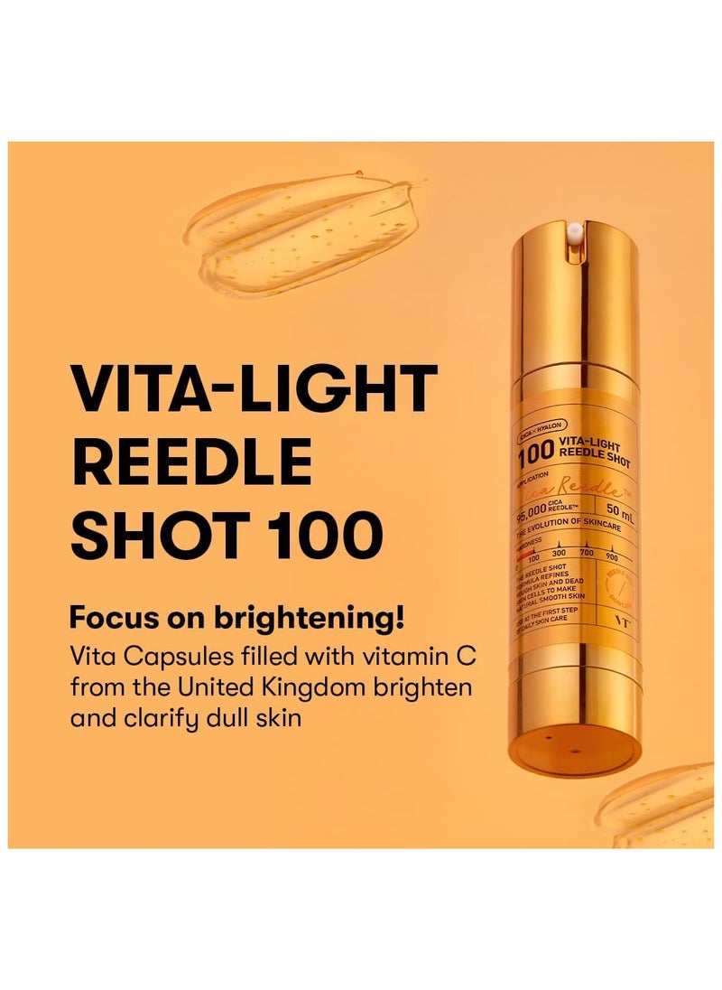 VT Cosmetics Vita-Light Reedle Shot 100 | Serum with Vitamin C Capsules, Vitamin E, Hydrating Care, Korean Skincare for Sensitive Skin 1.69Fl Oz(50ml)