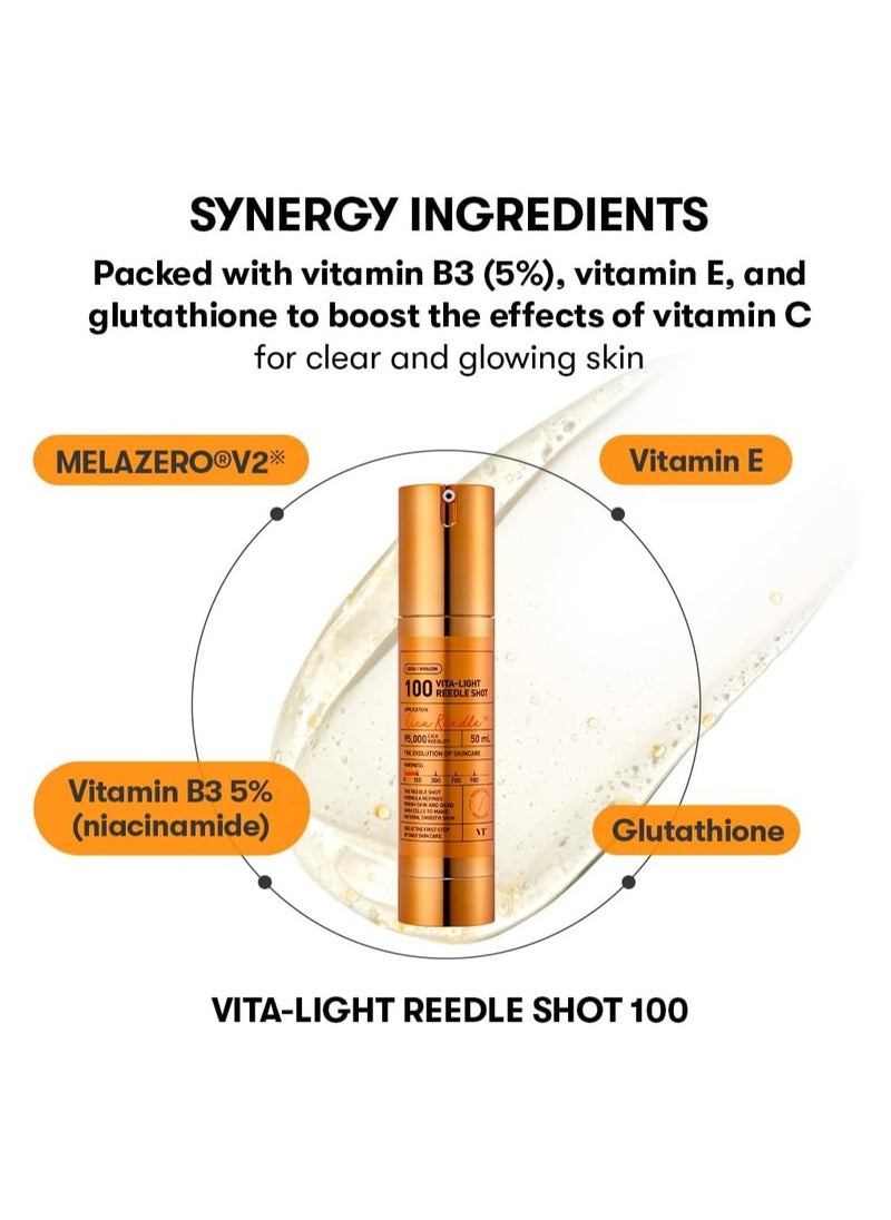 VT Cosmetics Vita-Light Reedle Shot 100 | Serum with Vitamin C Capsules, Vitamin E, Hydrating Care, Korean Skincare for Sensitive Skin 1.69Fl Oz(50ml)