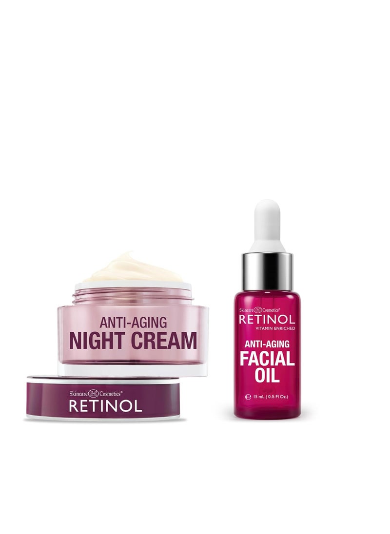 Retinol Night Cream – Works While You Sleep to Restore and Reduce Fine Lines and Wrinkles + Retinol Anti-Aging Facial Oil – With Nine Essential Oils, Restores Hydration and Nourishment