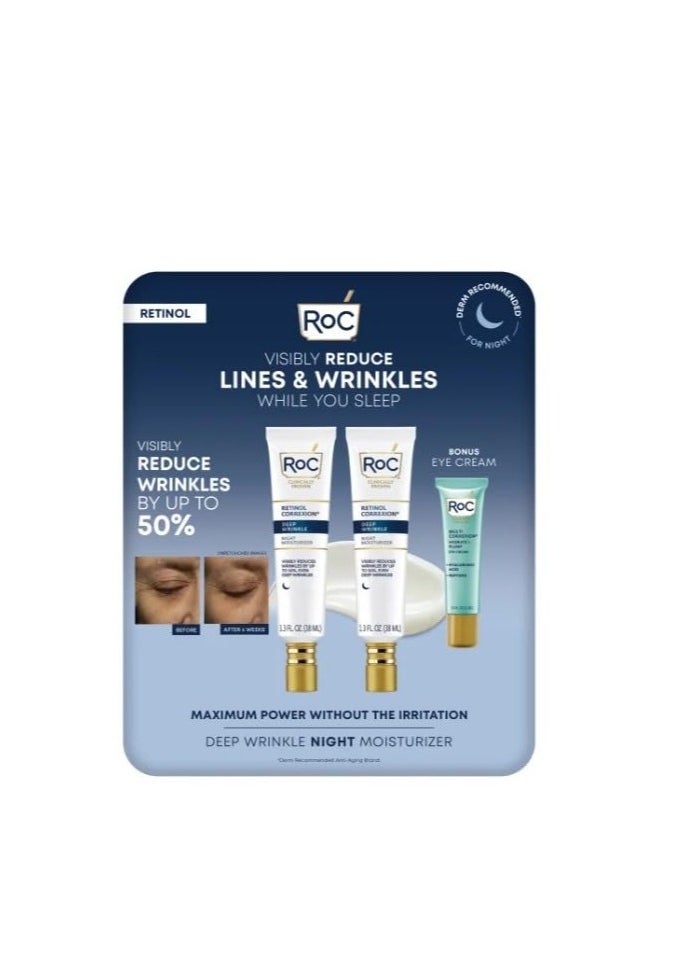 RoC Retinol Correxion Deep Wrinkle Night Cream, 2.6 fl oz Total (2-Pack of 1.3 fl oz), with Bonus Eye Cream 0.4 fl oz