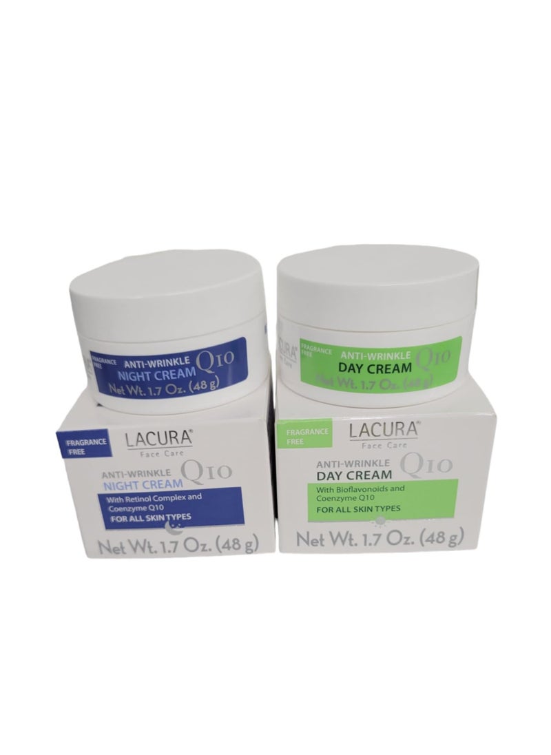 Lacura Q10 Anti-Wrinkle 1.7oz Day & 1.7oz Night Face Cream Moisturizer with Bioflavonoid and Retinol Complex Set - All Skin Types. Dermatologist Tested European Skincare.