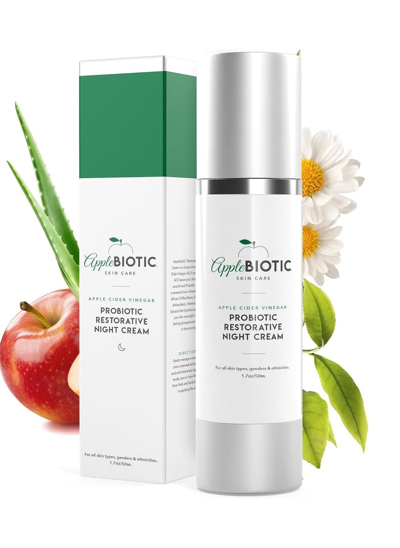 Apple Cider Vinegar Restorative Night Cream - Overnight Firming, Smoothing Cream with African Green Coffee, Green Tea, Chamomile & Probiotic Extracts for Dry, Oily, Sensitive Skin, Men & Women