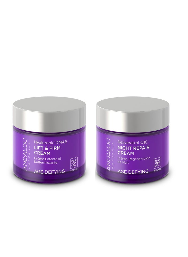 Andalou Naturals Resveratrol Q10 Night Repair Cream 1.7oz & Hyaluronic Dmae Lift Firm Skin Cream 1.7oz Hydrating, Helps Reduce Fine Lines and Wrinkles Value Bundle