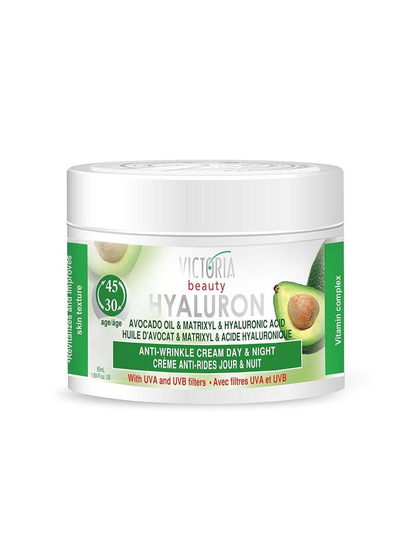 Hyaluron Anti-Wrinkle Cream with Avocado Oil - for Mature Skin (Age 30+) - Intensive Natural Cream for Day & Night With UV Filters