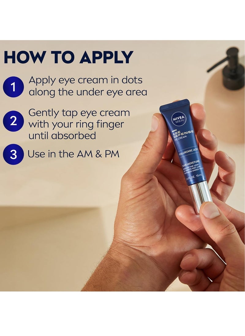 NIVEA MEN Age Defense Eye Cream with Hyaluronic Acid, 24-Hour Hydrating Under Eye Cream for Men Helps Reduce Look of Crow's Feet, Fine Lines and Dark Circles, 0.5 Fl Oz Tube