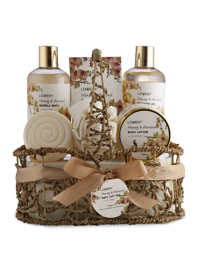 Home Spa Gift Basket - Honey & Almond Scent - Luxury Bath & Body Set For Women and Men - Contains Shower Gel, Bubble Bath, Body Lotion, Bath Salt, Bath Bomb, Bath Puff & Handmade Weaved Basket