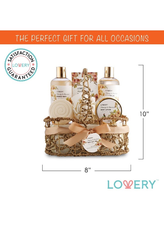 Home Spa Gift Basket - Honey & Almond Scent - Luxury Bath & Body Set For Women and Men - Contains Shower Gel, Bubble Bath, Body Lotion, Bath Salt, Bath Bomb, Bath Puff & Handmade Weaved Basket
