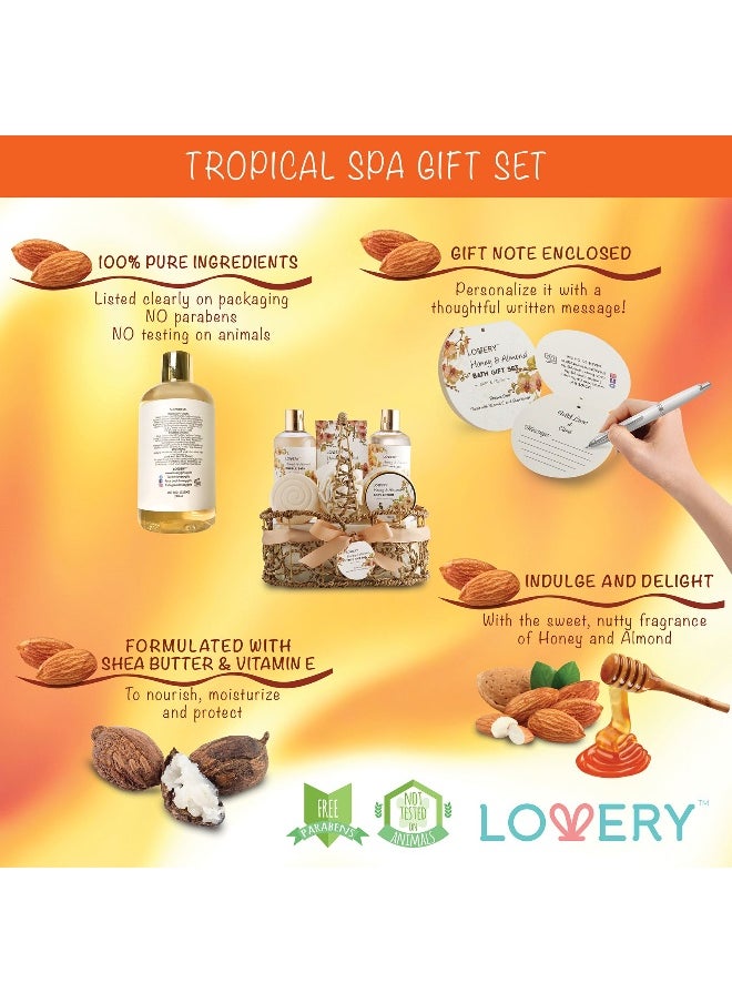 Home Spa Gift Basket - Honey & Almond Scent - Luxury Bath & Body Set For Women and Men - Contains Shower Gel, Bubble Bath, Body Lotion, Bath Salt, Bath Bomb, Bath Puff & Handmade Weaved Basket