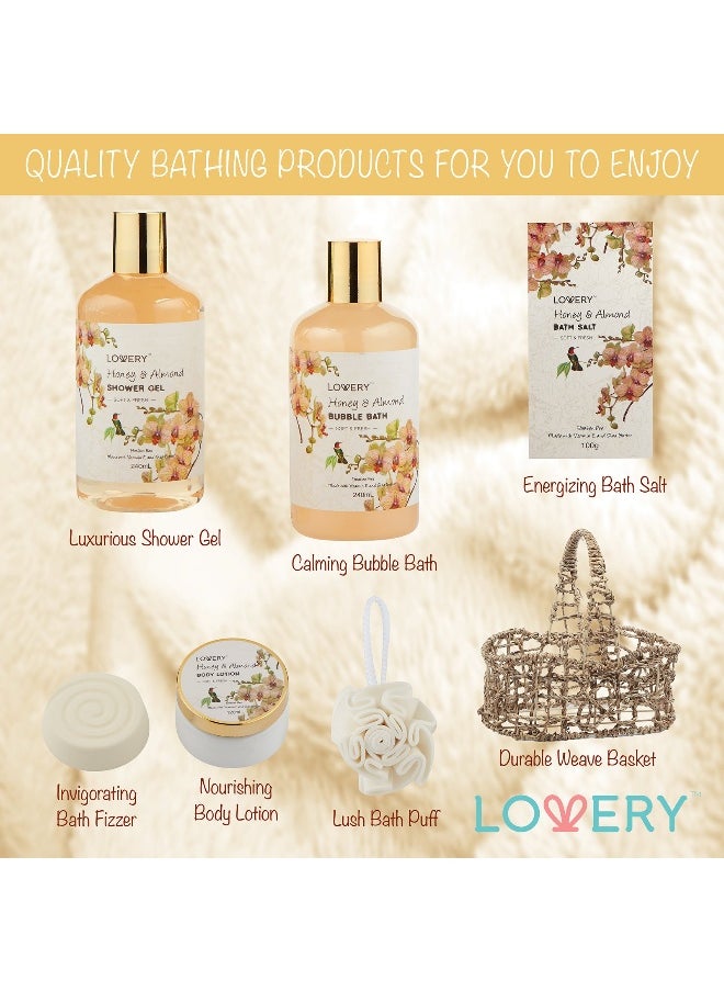 Home Spa Gift Basket - Honey & Almond Scent - Luxury Bath & Body Set For Women and Men - Contains Shower Gel, Bubble Bath, Body Lotion, Bath Salt, Bath Bomb, Bath Puff & Handmade Weaved Basket