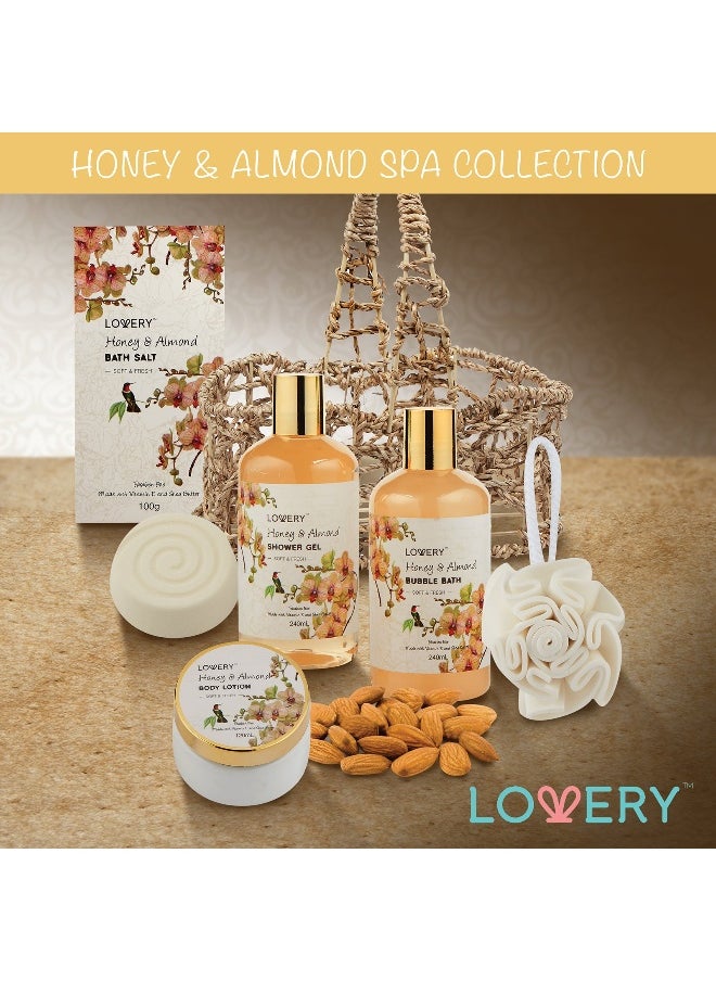 Home Spa Gift Basket - Honey & Almond Scent - Luxury Bath & Body Set For Women and Men - Contains Shower Gel, Bubble Bath, Body Lotion, Bath Salt, Bath Bomb, Bath Puff & Handmade Weaved Basket