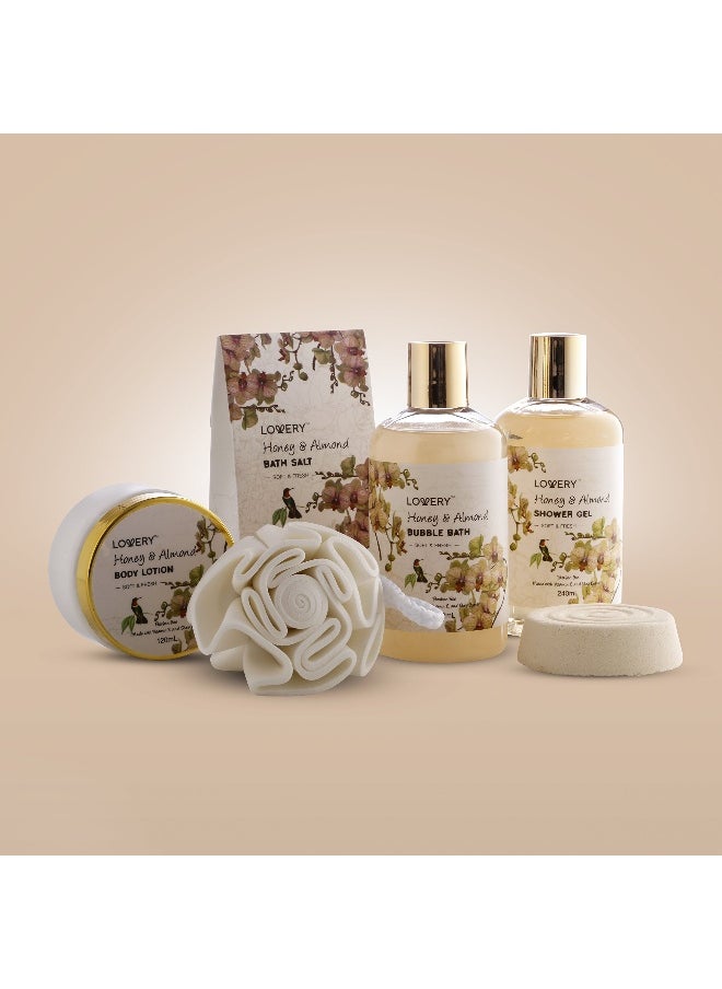 Home Spa Gift Basket - Honey & Almond Scent - Luxury Bath & Body Set For Women and Men - Contains Shower Gel, Bubble Bath, Body Lotion, Bath Salt, Bath Bomb, Bath Puff & Handmade Weaved Basket