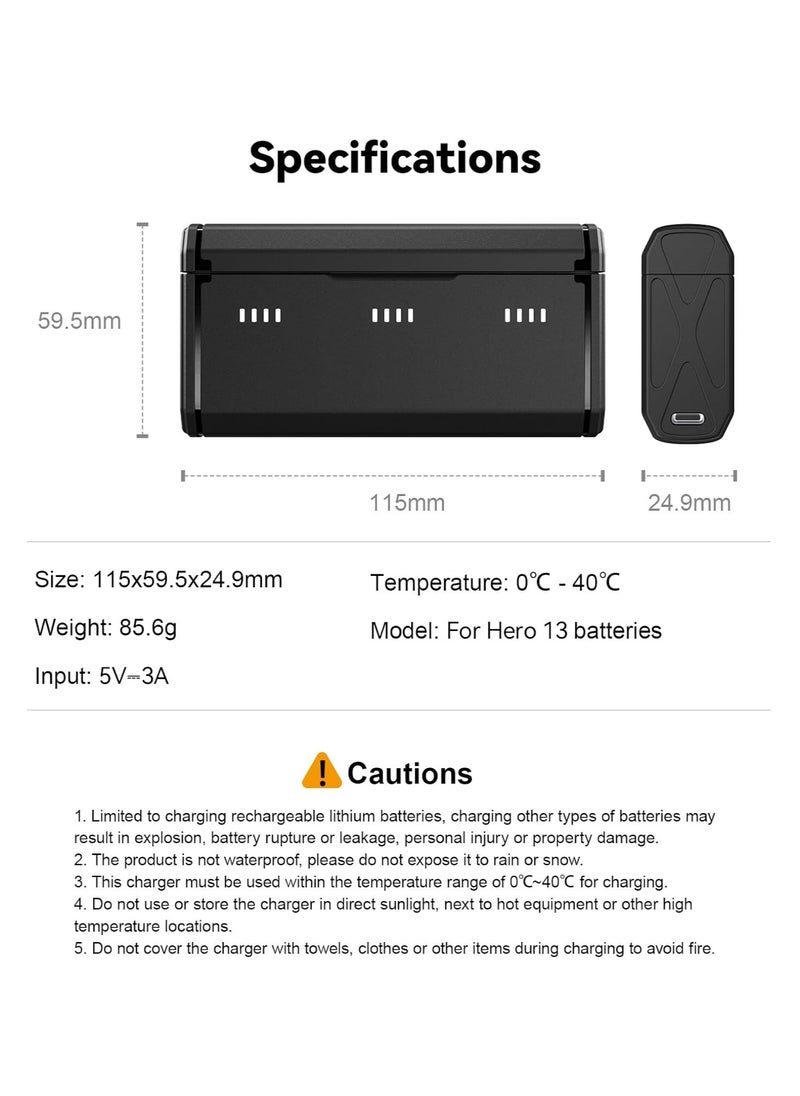 TELESIN Battery Charger for Gopro Hero 13, Triple Slot USB Fast Charging Case for Gopro Hero 13 with Type-C Cable, Battery Carrying Case, Fully Compatible with Original Gopro Hero13 (2 Endura Stamina Battery)