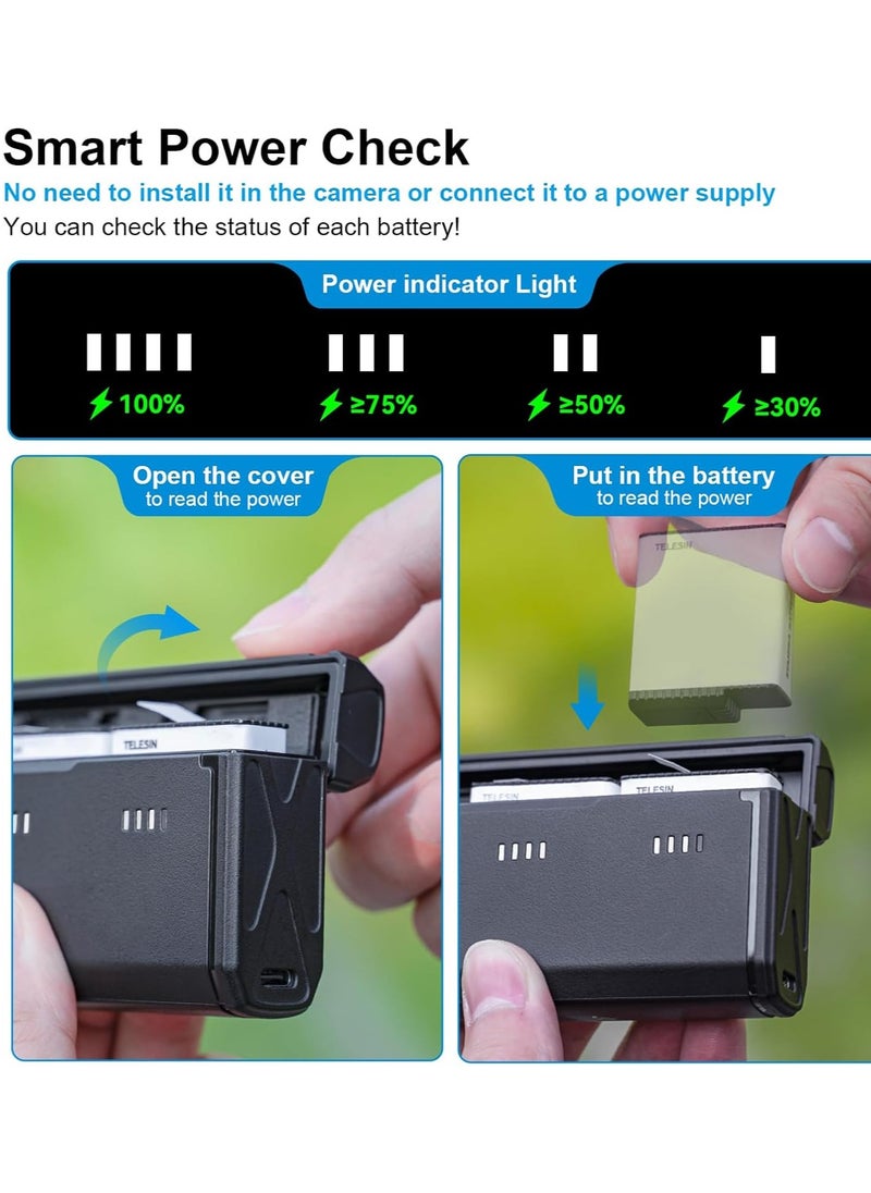 TELESIN Battery Charger for Gopro Hero 13, Triple Slot USB Fast Charging Case for Gopro Hero 13 with Type-C Cable, Battery Carrying Case, Fully Compatible with Original Gopro Hero13 (2 Endura Stamina Battery)