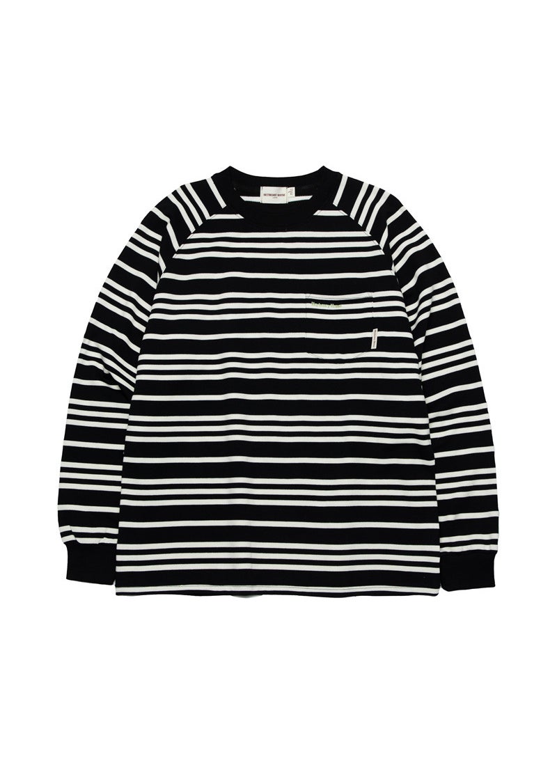 Heyhenry Mens Spring S21 Cotton T-shirt Trendy Striped Design Loose Fit Long Sleeve Crew Neck T-shirt For Couples Black